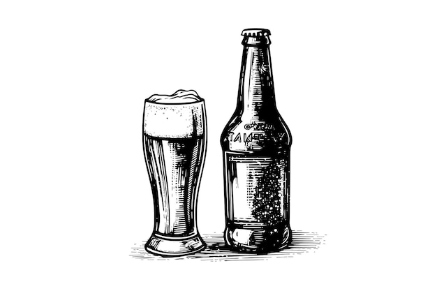Vaso de cerveza con botella aislado sobre fondo blanco boceto de dibujo a mano ilustración vectorial