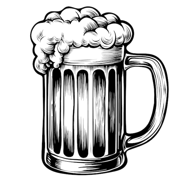 Vaso de cerveza con cerveza y espuma exuberante boceto de tinta de taza dibujado a mano Vector de estilo vintage grabado
