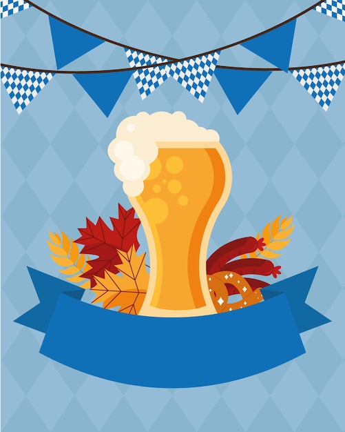 Vector vaso de cerveza con diseño de banderín de banner, festival alemán oktoberfest y tema de celebración