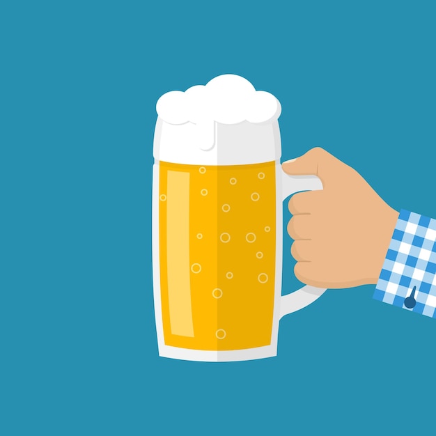 Vaso de cerveza hombres sosteniendo en la mano. Taza en mano aislada en estilo plano en el fondo. ilustración vectorial Bebida alcohólica ligera, espuma fresca. Elementos de diseño para el festival de la cerveza.