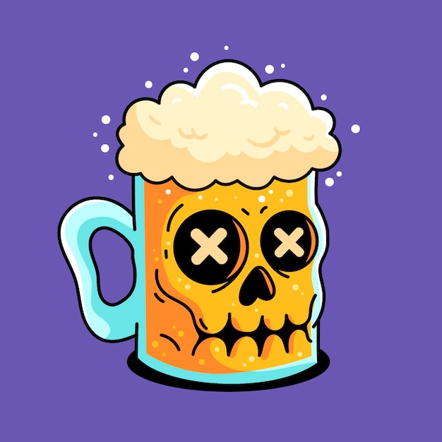 Un vaso de cerveza lleno de una ilustración de cráneo en el vaso