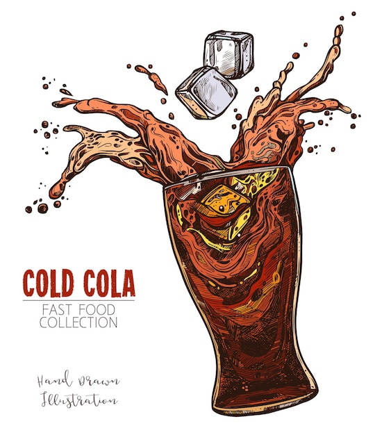 Vaso con chorrito de Cola y cubitos de hielo, bebida gaseosa fría. Boceto dibujado mano de bebida clásica de comida rápida.
