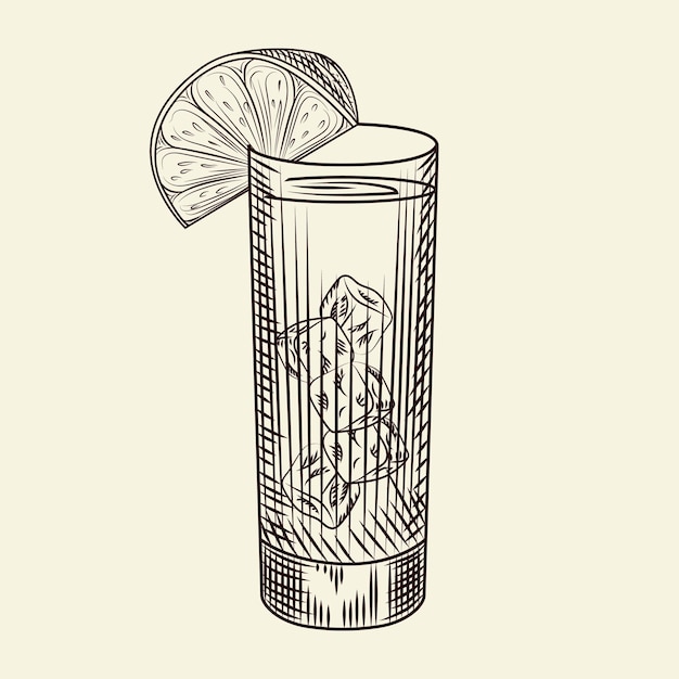 Vaso de cóctel de alcohol y una rodaja de limón. Vaso de limonada y cubitos de hielo. Estilo de grabado. Para menú de bar, tarjetas, carteles, impresiones, embalajes. Ilustración vectorial.