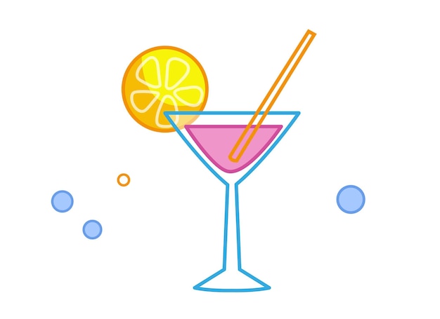 Un vaso con un cóctel alcohólico rosa con contorno. Lima y paja en martini con vodka. Ilustración de vector de estilo infantil de dibujos animados. Imágenes prediseñadas divertidas aisladas sobre fondo blanco. lindo estampado