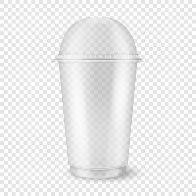 Vaso desechable de plástico transparente vacío 3d realista con tapa de cúpula de esfera aislada de cerca