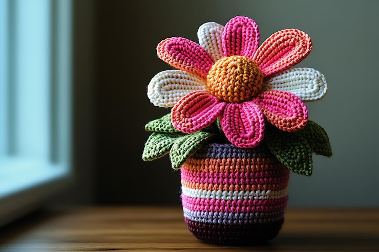 Vector vaso con flores de colores ganchadas de lana hobby y ocio decoraciones de ganchillo de artesanía ucraniana