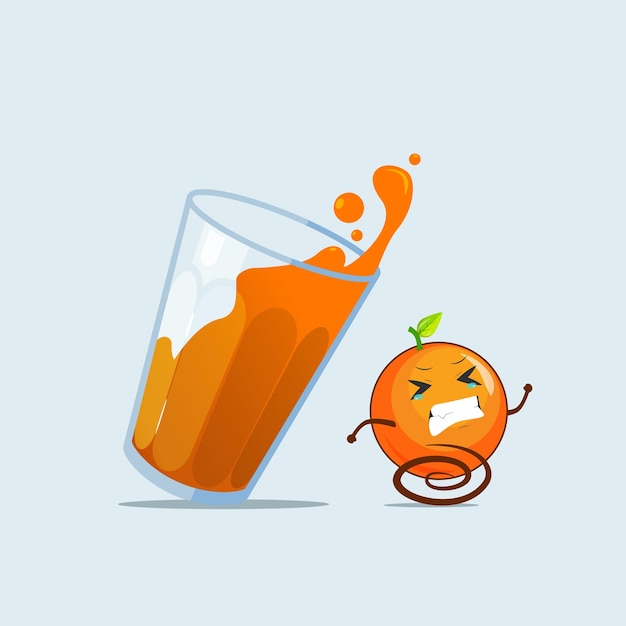 Vaso de ilustración vectorial de jugo de naranja con carácter de fruta naranja huyendo de él