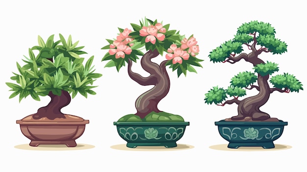 Vaso de ilustración vectorial de tres árboles de bonsai