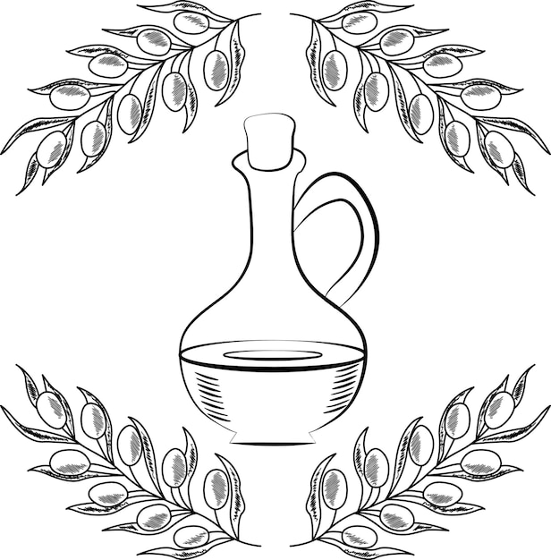 Vaso de jarra de aceite de oliva con tapón de corcho y rama con hojas
