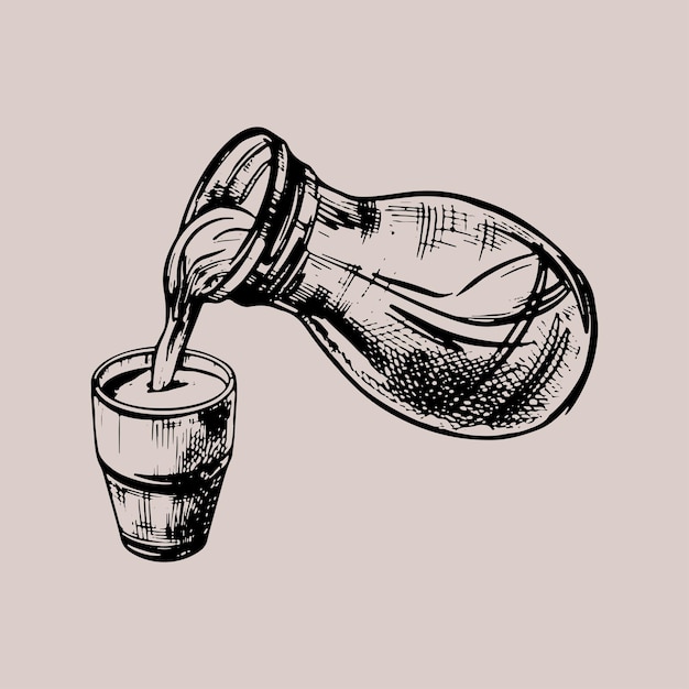 Vaso y jarra de leche dibujados a mano ilustración y letras en estilo gráfico vector aislado