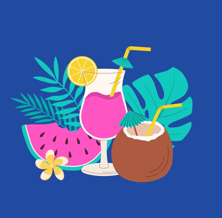 Vector vaso de jugo de coco y sandía con ilustración vectorial de hojas tropicales
