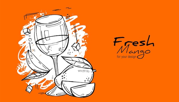 Un vaso de jugo de mango y trozos de fruta dibujo vectorial dibujado a mano