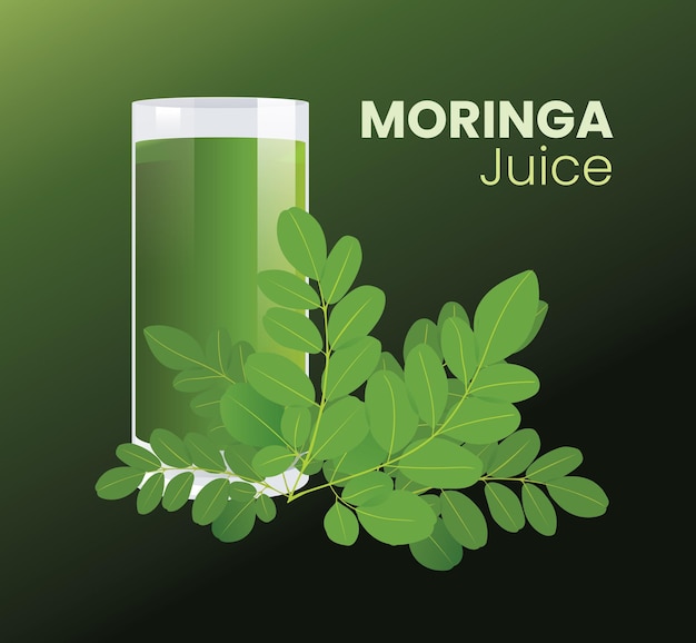 Un vaso de jugo de moringa con hojas al lado