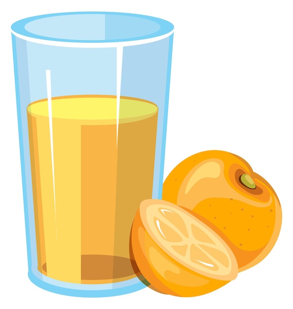 Vaso de jugo de naranja fresco con icono de dibujos animados de fruta cortada