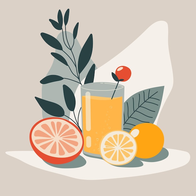 un vaso de jugo de naranja y un limón en una mesa