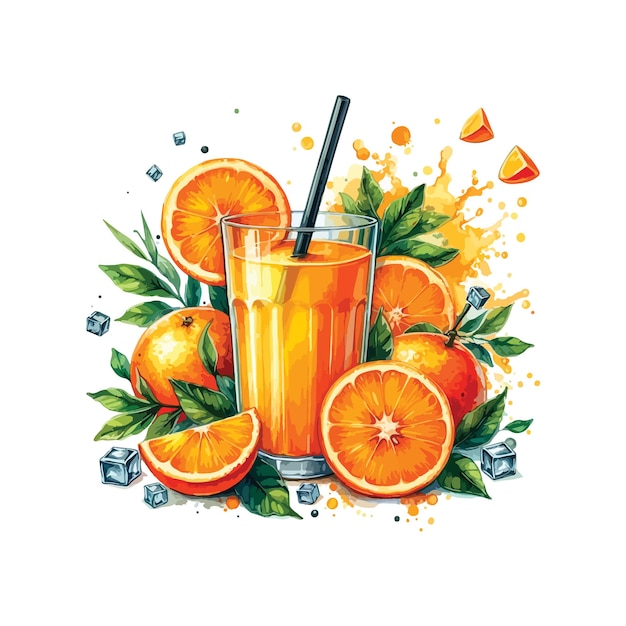 Vector un vaso de jugo de naranja con una pajita en acuarela