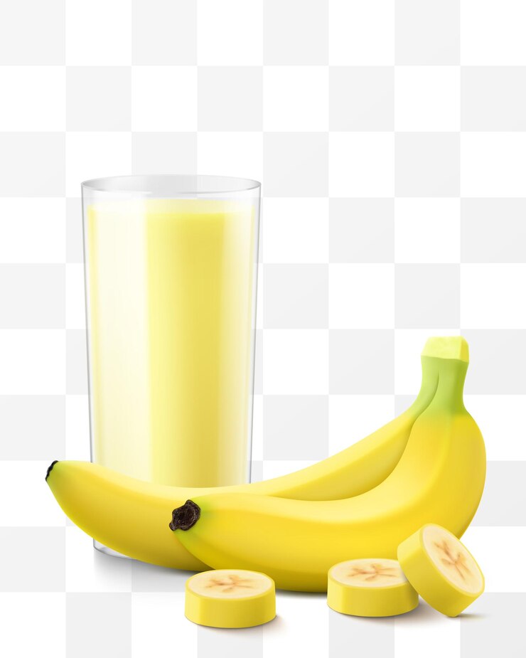 Vector un vaso de jugo de plátano fresco o batido una taza de cóctel o yogur con plátano dulce maduro