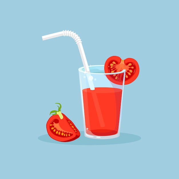 Vaso de jugo de tomate con rodaja de tomate. Alimentos de dieta saludable