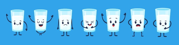 Vaso de leche Héroe de desayuno infantil niños mascota linda con diferentes emociones Producto lácteo personaje de mercado fresco clipart vectorial actual