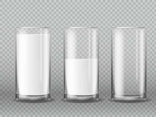 Vaso de leche. Vasos de leche vacíos y llenos realistas, taza con yogur líquido blanco o kéfir, producto de bebida láctea matutina, dieta o nutrición infantil, vector ilustración aislada sobre fondo transparente