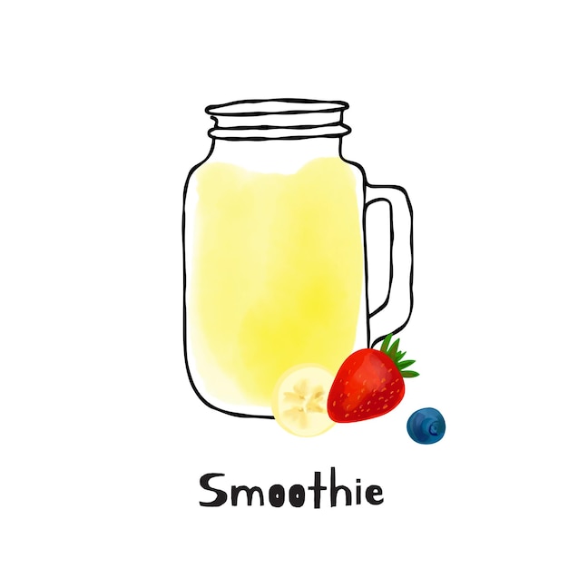 Vaso de licuado de ilustración y trozos de fruta plátano y fresa