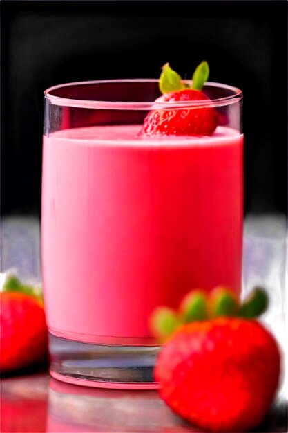 Vector un vaso de líquido rosa con fresas y fresas en una mesa