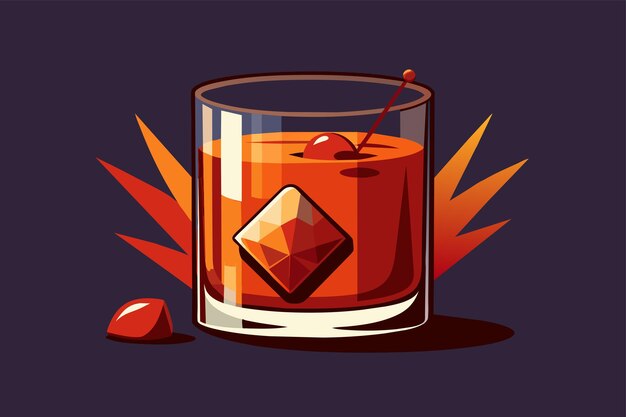 Vector un vaso lleno de jugo de naranja adornado con una cereza en el lado cóctel anticuado personalizable ilustración desproporcionada