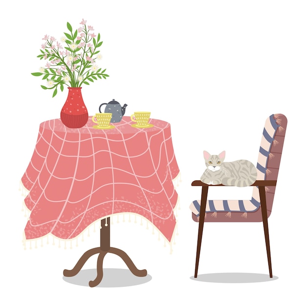 Vaso de mesa redonda con un ramo de flores, taza de café y platillo y un gato gris sentado en una silla