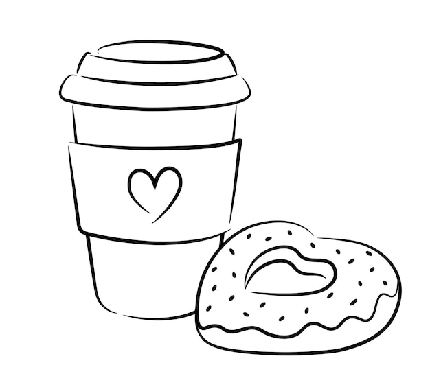 Vaso de papel para bebidas con corazón. Un dibujo simple de un donut en forma de corazón con glaseado.