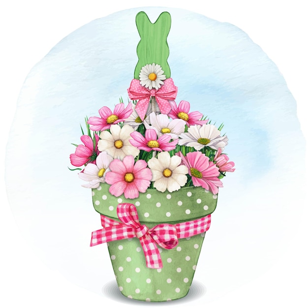 Vector vaso de pascua dibujado a mano con flores y forma de conejo