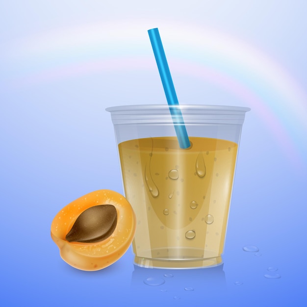 Vaso de plástico desechable lleno con paja bebida fresca de albaricoque naranja