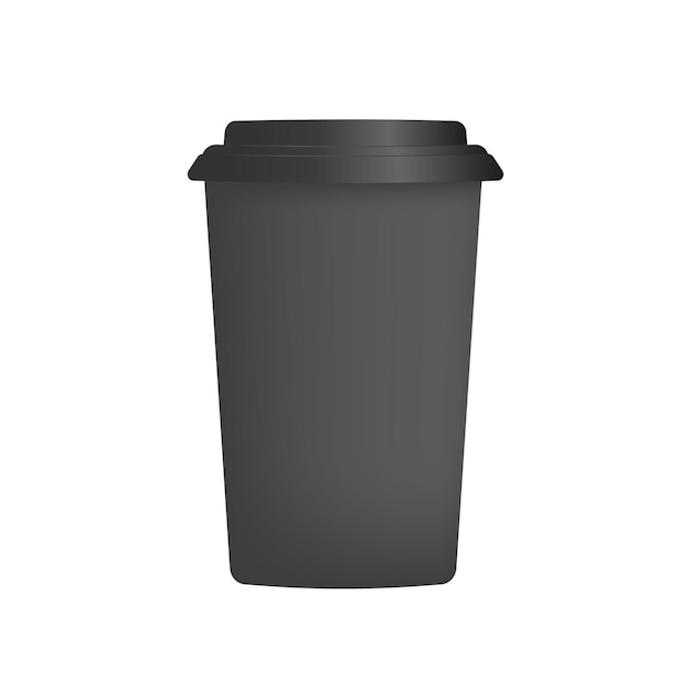 Vaso de plástico negro para café en 3d. Vector de taza de café de papel. Aislado.