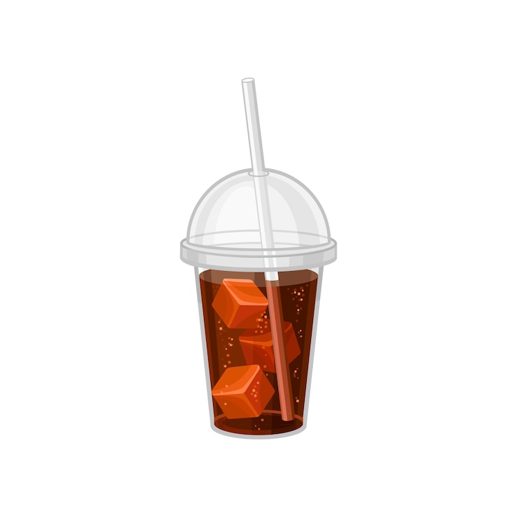 Vector vaso de plástico de refresco con cubitos de hielo bebida dulce con pajita y tapa diseño de vector plano para cartel promocional o menú