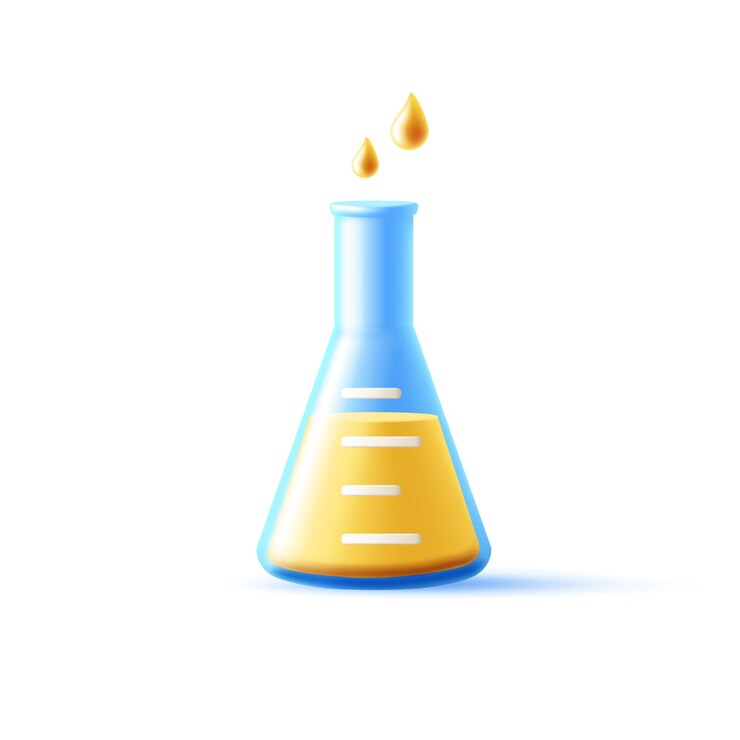 Vector vaso de precipitados de vidrio vectorial 3d con líquido amarillo y gotas química medicina científica biología icono aislado