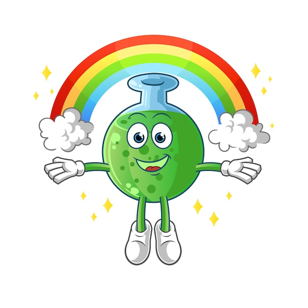 El vaso químico con un arco iris. mascota de dibujos animados mascota