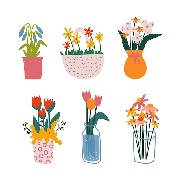 Vaso con racimo de flores o ramo como conjunto vectorial de decoración botánica para el hogar