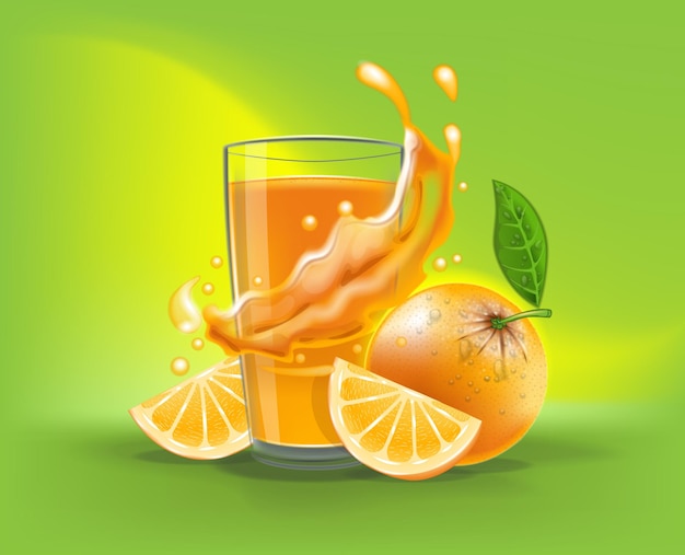 Vaso realista 3d de jugo de naranja con splash y rodajas de naranja