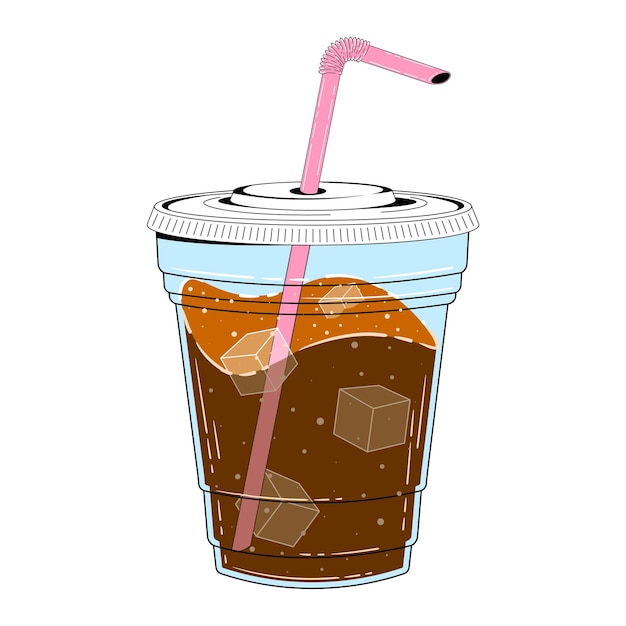 Vaso recto con cola y hielo en estilo de dibujos animados retro Ilustración plana vectorial de un vaso de plástico