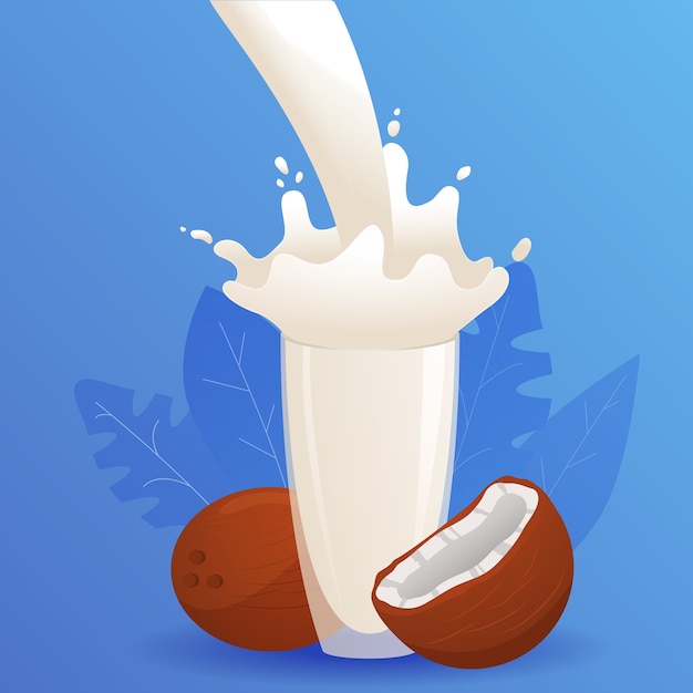 Vaso de salpicaduras de leche de coco. Bebida de nueces vegetales Una bebida para veganos y vegetarianos. Leche vegetal.