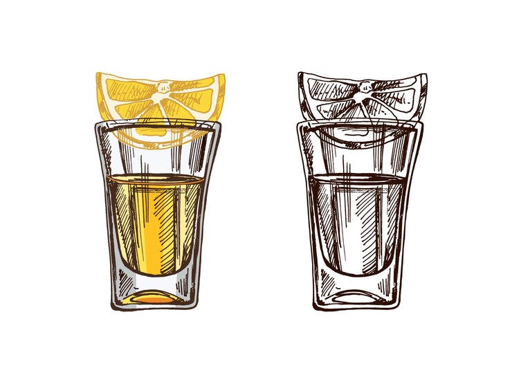 Vector vaso de tiro de color y monocromático dibujado a mano con tequila con una rebanada de lima elemento de diseño