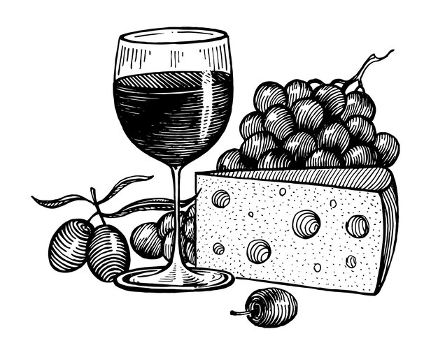 Vector un vaso de uvas de vino e ilustración vectorial de queso gráficos vintage y trabajo manual