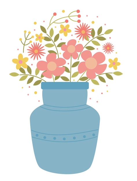 Vaso vectorial con flores ilustración plana aislada en fondo blanco