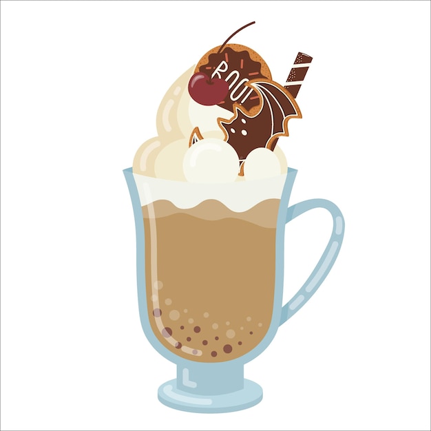 Vaso de vidrio con una bebida de café con chocolate caliente con crema batida y galletas y cerezas de halloween ilustración de vector de estilo plano