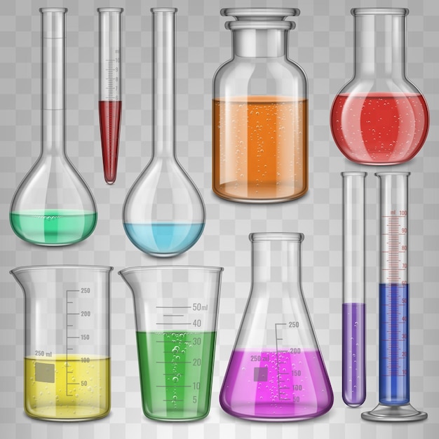 Vaso de vidrio de laboratorio químico realista, tubos de ensayo llenos, matraz, equipo de cristalería. Conjunto de ilustración de vector de cristalería de pruebas químicas de laboratorio. Vidrio de equipo de medición de laboratorio para medicina de laboratorio