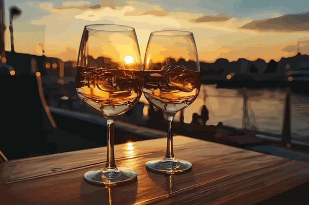 Vector un vaso de vino blanco y cerveza en la mesa en el muelle a la luz del atardecer sobre el cielo del océano