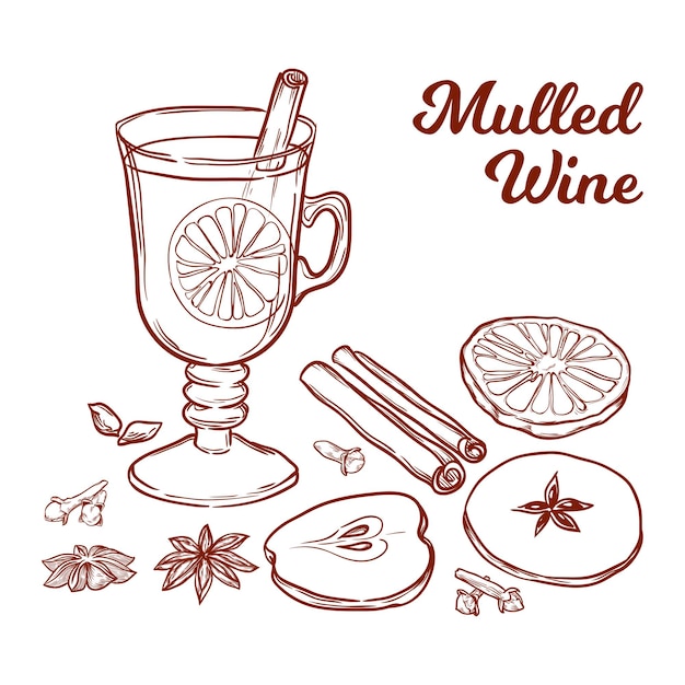 Vaso con vino caliente naranja manzana y especias Ilustración de vector dibujado a mano