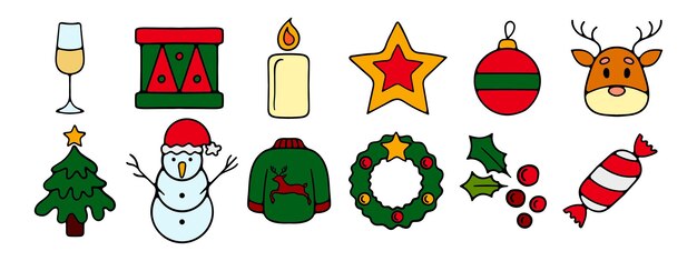 Un vaso de vino, un tambor, una vela, una estrella, una guirnalda, un reno, un árbol de Navidad, un muñeco de nieve, un suéter, vino, muérdago, dulces.