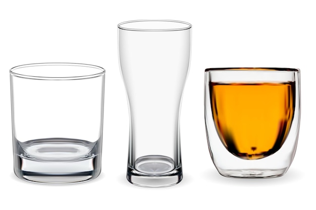 Vaso de whisky aislado. Ilustración de copa de alcohol transparente, bebida de bourbon. Vaso de cerveza, cristalería de restaurante. Juego de vasos de whisky escocés, bar borracho sin rocas de hielo