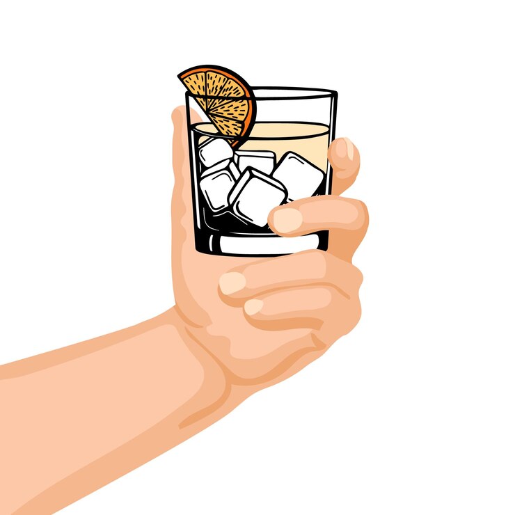 Vector un vaso de whisky con cubitos de hielo en la mano de un hombre. ilustración de bebidas, vector