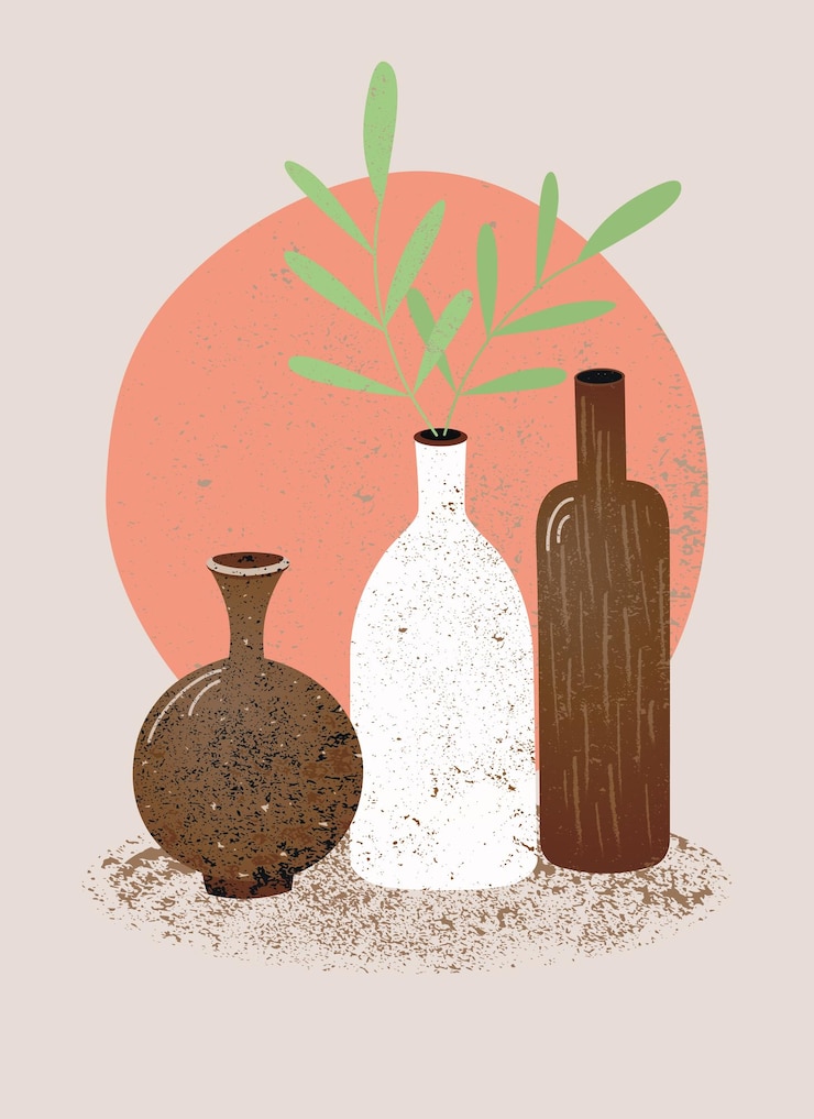 Vector vasos de cerámica grunge de moda con plantas vaso en estilo boho arte de pared minimalista escandinavo